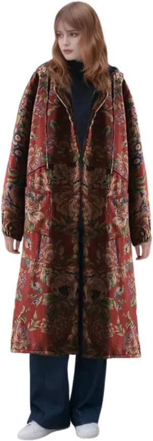 Akivide Womens Floral Print Drawstring Hooded Button Down Long Trench Jacket Oversize Vintage Warm Casual Coats with Pockets