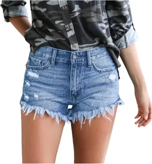 Akklian Women Casual Ripped High Waisted Denim Shorts Stretchy Frayed Raw Hem Jean Shorts Summer Distressed Jeans with Pocket