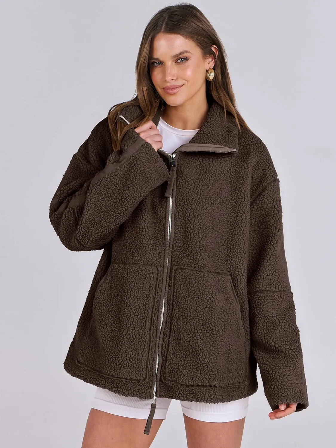 ANRABESS Womens Fleece Jacket Oversized Zip Up Sherpa Fuzzy Casual Coats Winter Fall Outerwear 2024 Clothes with Pockets