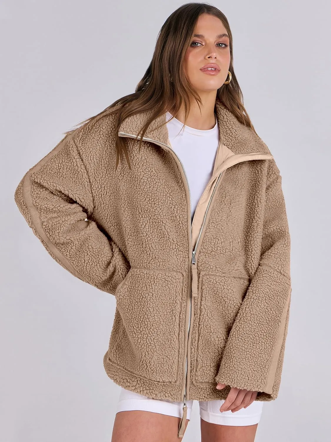 ANRABESS Womens Fleece Jacket Oversized Zip Up Sherpa Fuzzy Casual Coats Winter Fall Outerwear 2024 Clothes with Pockets