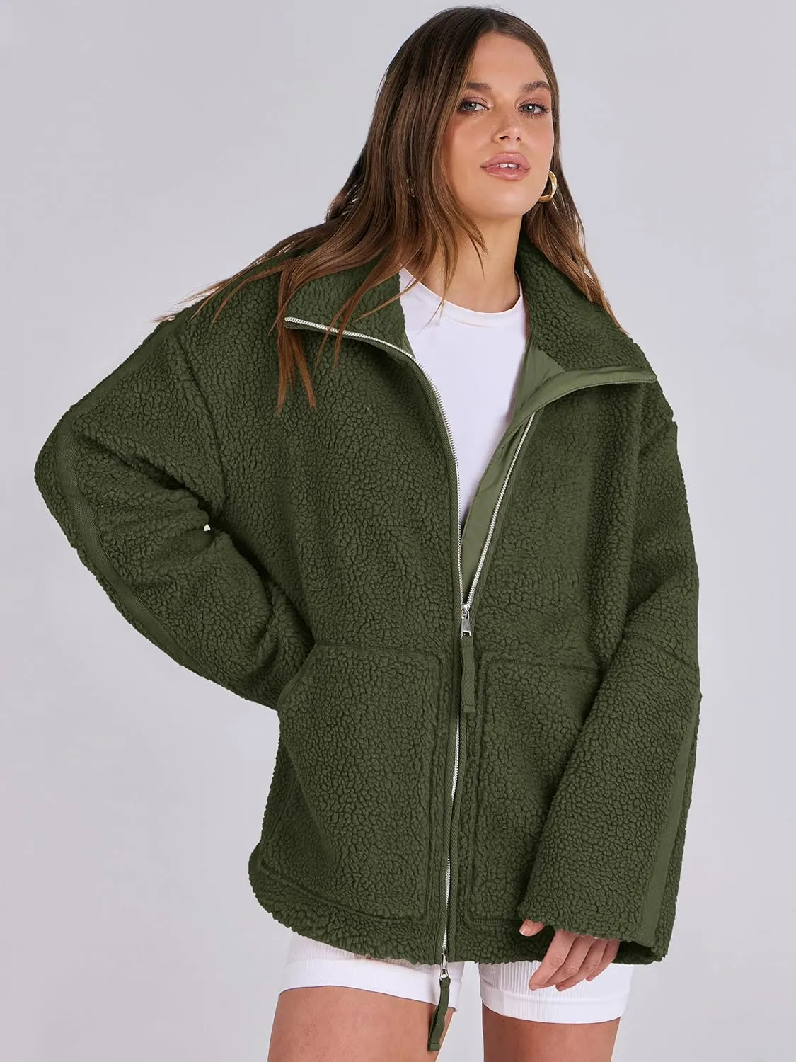 ANRABESS Womens Fleece Jacket Oversized Zip Up Sherpa Fuzzy Casual Coats Winter Fall Outerwear 2024 Clothes with Pockets