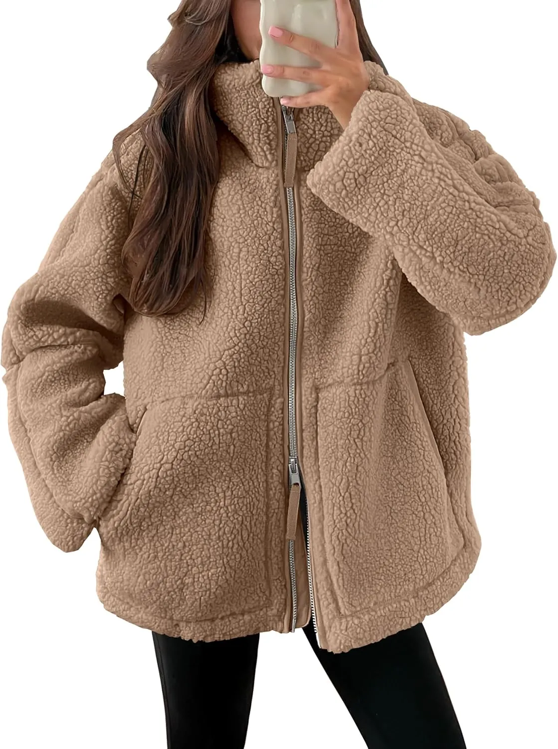 ANRABESS Womens Fleece Jacket Oversized Zip Up Sherpa Fuzzy Casual Coats Winter Fall Outerwear 2024 Clothes with Pockets