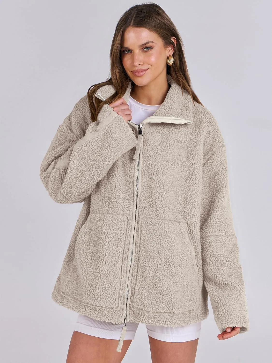 ANRABESS Womens Fleece Jacket Oversized Zip Up Sherpa Fuzzy Casual Coats Winter Fall Outerwear 2024 Clothes with Pockets