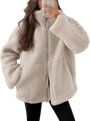 ANRABESS Womens Fleece Jacket Oversized Zip Up Sherpa Fuzzy Casual Coats Winter Fall Outerwear 2024 Clothes with Pockets