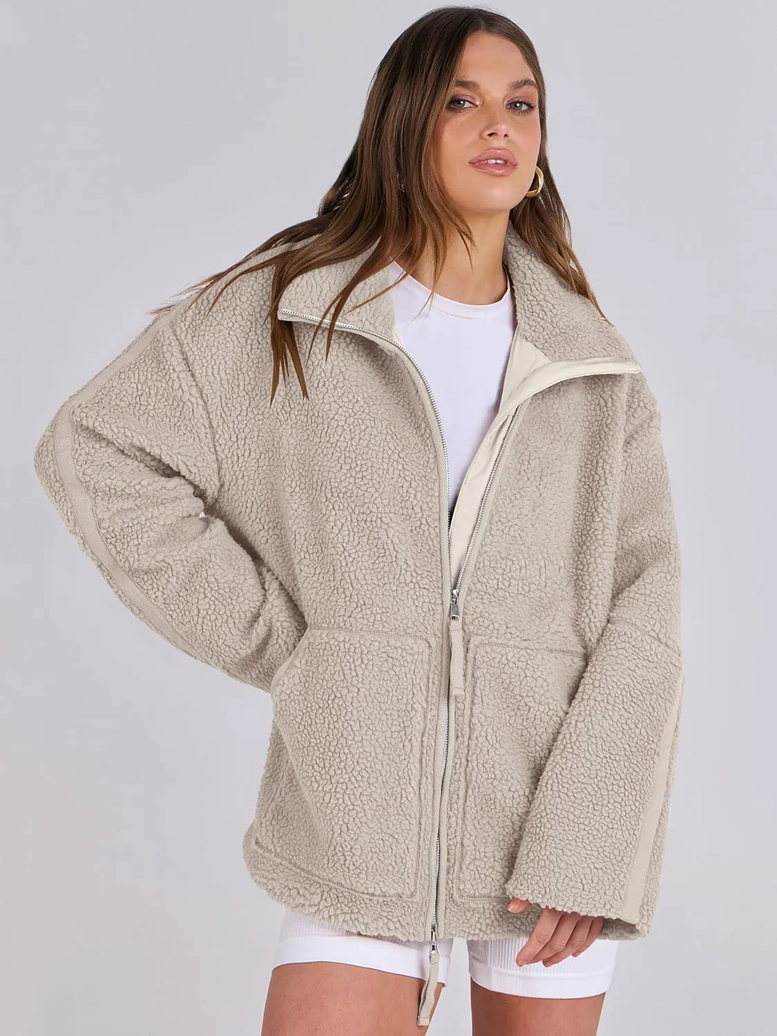 ANRABESS Womens Fleece Jacket Oversized Zip Up Sherpa Fuzzy Casual Coats Winter Fall Outerwear 2024 Clothes with Pockets