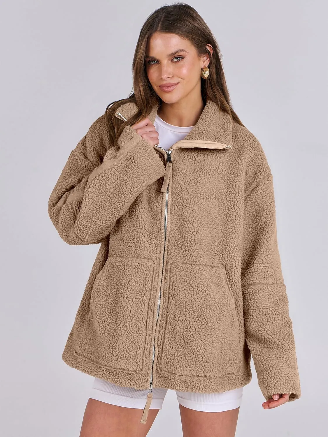 ANRABESS Womens Fleece Jacket Oversized Zip Up Sherpa Fuzzy Casual Coats Winter Fall Outerwear 2024 Clothes with Pockets