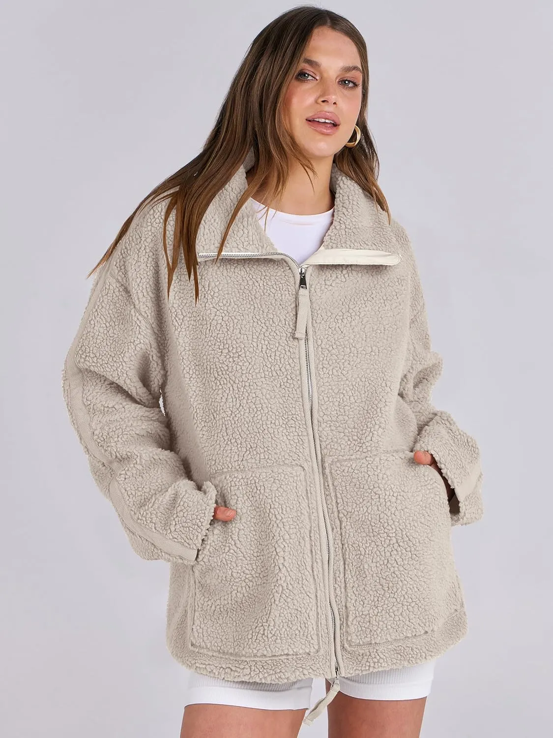 ANRABESS Womens Fleece Jacket Oversized Zip Up Sherpa Fuzzy Casual Coats Winter Fall Outerwear 2024 Clothes with Pockets
