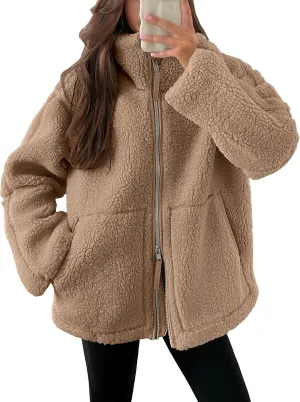 ANRABESS Womens Fleece Jacket Oversized Zip Up Sherpa Fuzzy Casual Coats Winter Fall Outerwear 2024 Clothes with Pockets