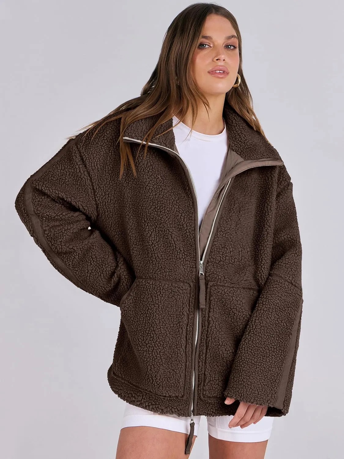 ANRABESS Womens Fleece Jacket Oversized Zip Up Sherpa Fuzzy Casual Coats Winter Fall Outerwear 2024 Clothes with Pockets