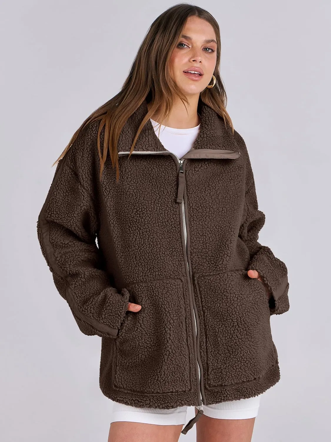 ANRABESS Womens Fleece Jacket Oversized Zip Up Sherpa Fuzzy Casual Coats Winter Fall Outerwear 2024 Clothes with Pockets