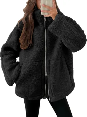 ANRABESS Womens Fleece Jacket Oversized Zip Up Sherpa Fuzzy Casual Coats Winter Fall Outerwear 2024 Clothes with Pockets