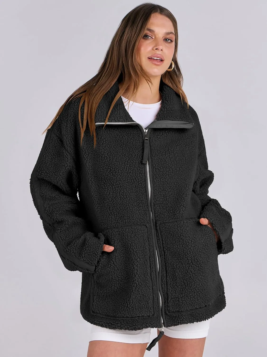 ANRABESS Womens Fleece Jacket Oversized Zip Up Sherpa Fuzzy Casual Coats Winter Fall Outerwear 2024 Clothes with Pockets