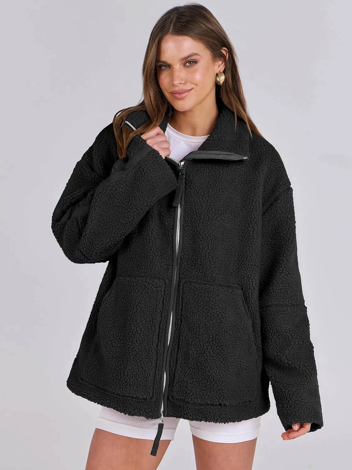 ANRABESS Womens Fleece Jacket Oversized Zip Up Sherpa Fuzzy Casual Coats Winter Fall Outerwear 2024 Clothes with Pockets
