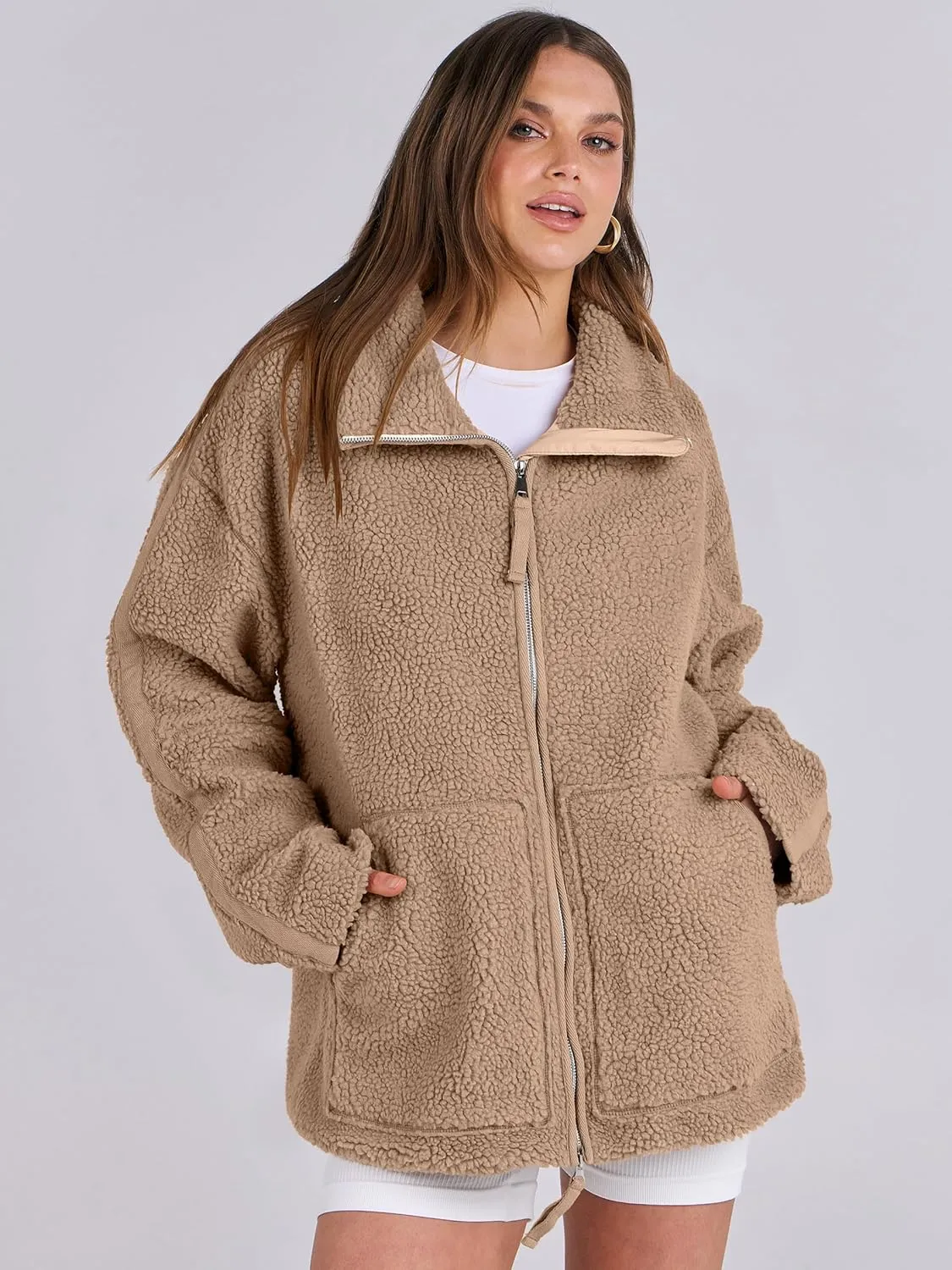 ANRABESS Womens Fleece Jacket Oversized Zip Up Sherpa Fuzzy Casual Coats Winter Fall Outerwear 2024 Clothes with Pockets
