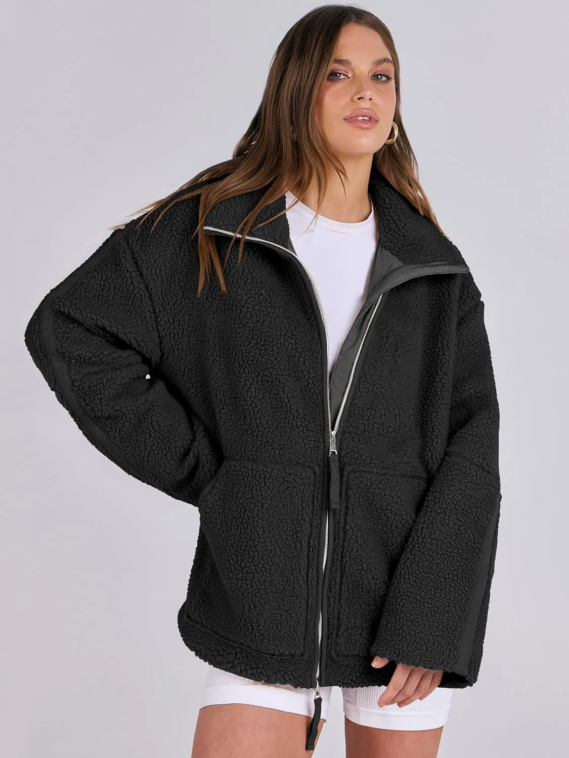 ANRABESS Womens Fleece Jacket Oversized Zip Up Sherpa Fuzzy Casual Coats Winter Fall Outerwear 2024 Clothes with Pockets