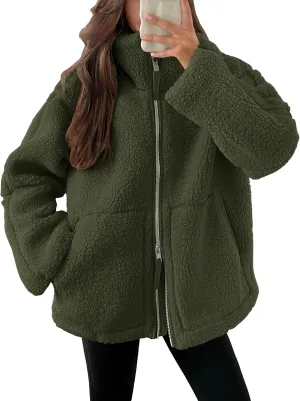 ANRABESS Womens Fleece Jacket Oversized Zip Up Sherpa Fuzzy Casual Coats Winter Fall Outerwear 2024 Clothes with Pockets