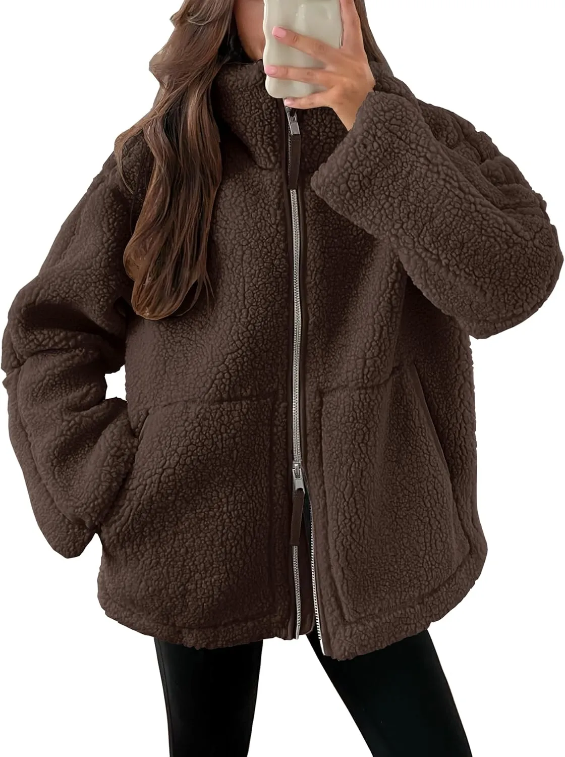 ANRABESS Womens Fleece Jacket Oversized Zip Up Sherpa Fuzzy Casual Coats Winter Fall Outerwear 2024 Clothes with Pockets