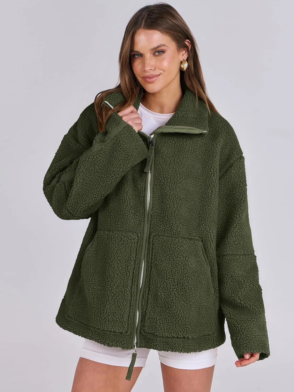 ANRABESS Womens Fleece Jacket Oversized Zip Up Sherpa Fuzzy Casual Coats Winter Fall Outerwear 2024 Clothes with Pockets