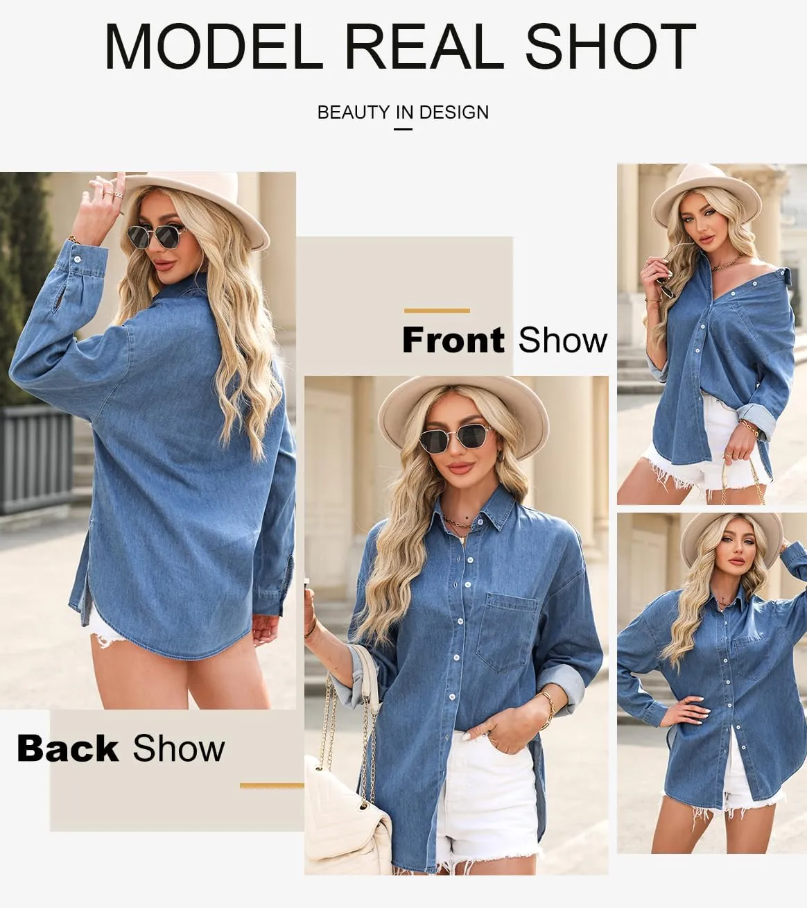 Astylish Women Denim Shirts Button Down Blouse V Neck Casual Tops