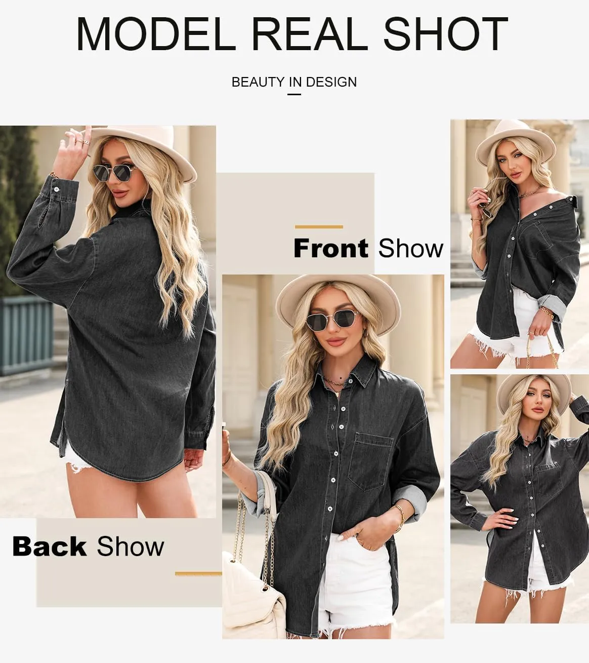 Astylish Women Denim Shirts Button Down Blouse V Neck Casual Tops