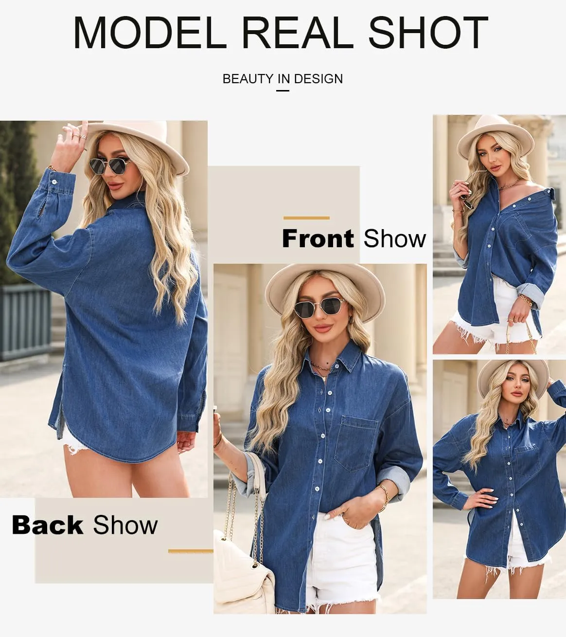 Astylish Women Denim Shirts Button Down Blouse V Neck Casual Tops