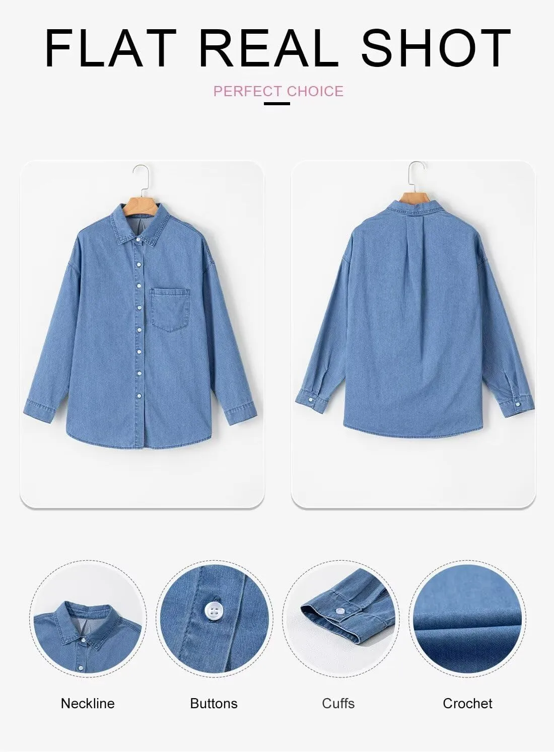 Astylish Women Denim Shirts Button Down Blouse V Neck Casual Tops