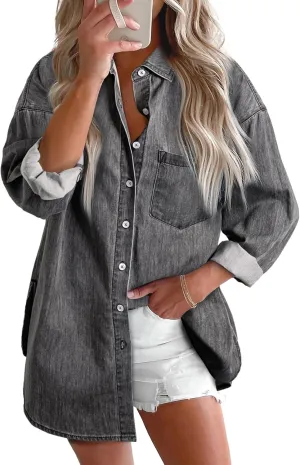 Astylish Women Denim Shirts Button Down Blouse V Neck Casual Tops
