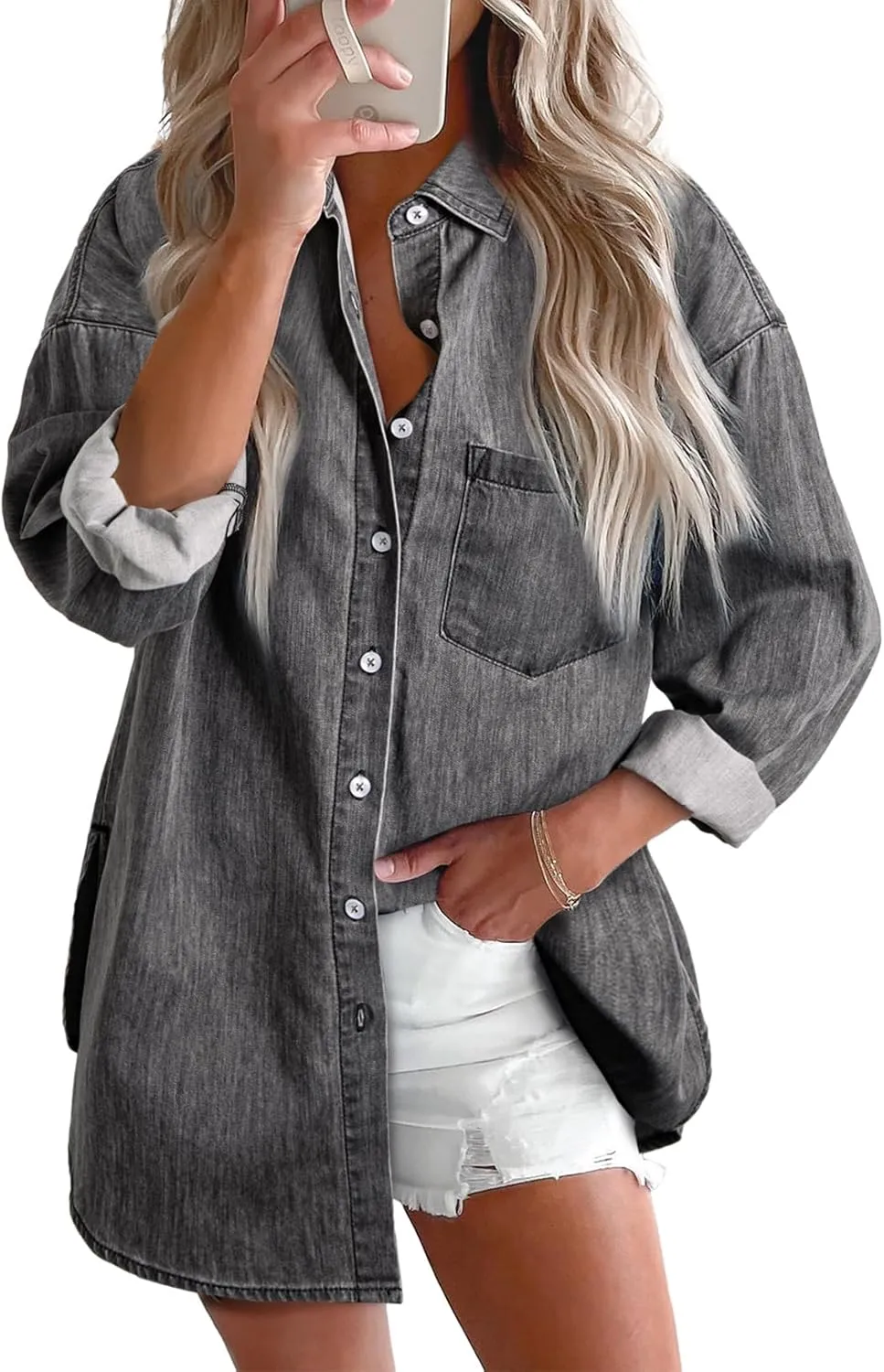 Astylish Women Denim Shirts Button Down Blouse V Neck Casual Tops