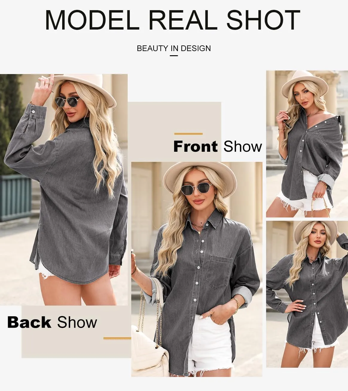 Astylish Women Denim Shirts Button Down Blouse V Neck Casual Tops