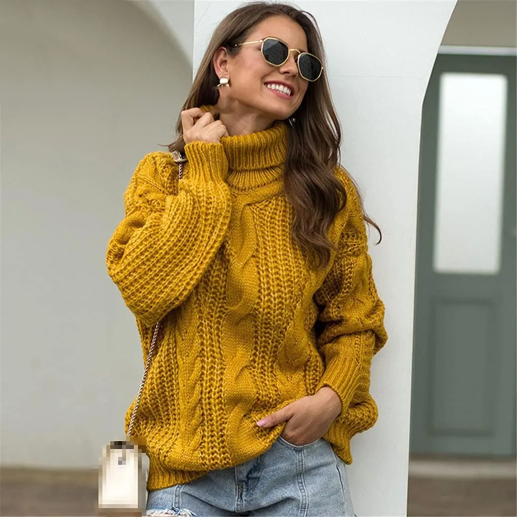 Autumn Winter Women Turtleneck Sweater, Loose Oversized Elegant Warm Knitted Pullovers, Solid Knitwear Jumper