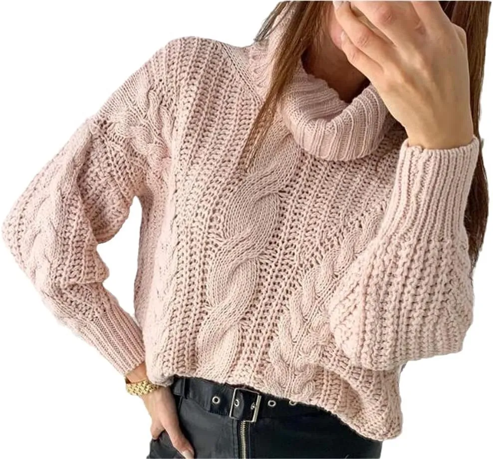 Autumn Winter Women Turtleneck Sweater, Loose Oversized Elegant Warm Knitted Pullovers, Solid Knitwear Jumper