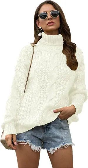 Autumn Winter Women Turtleneck Sweater, Loose Oversized Elegant Warm Knitted Pullovers, Solid Knitwear Jumper