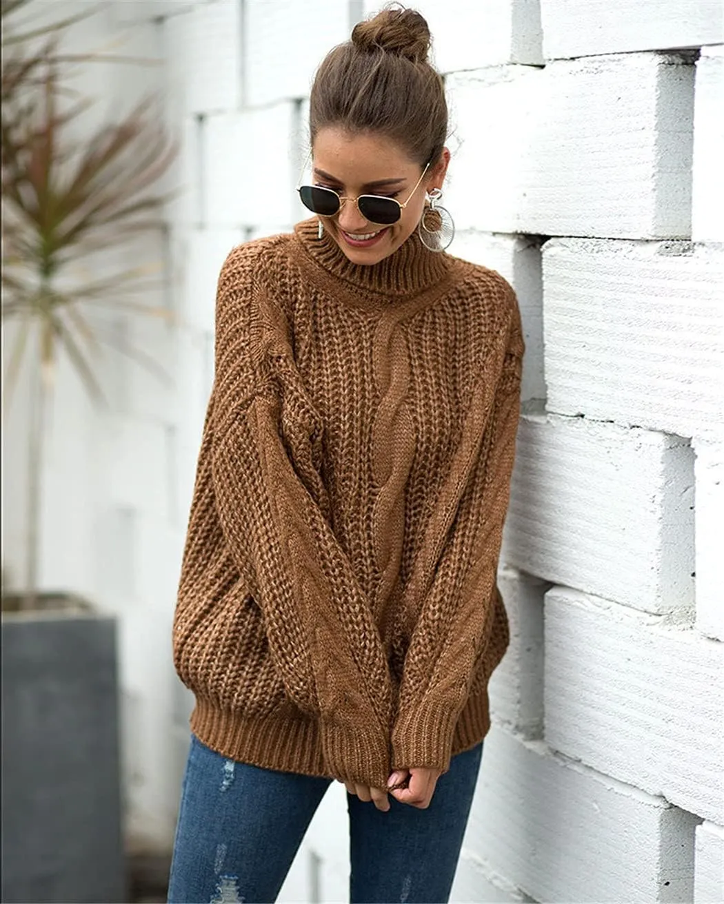 Autumn Winter Women Turtleneck Sweater, Loose Oversized Elegant Warm Knitted Pullovers, Solid Knitwear Jumper