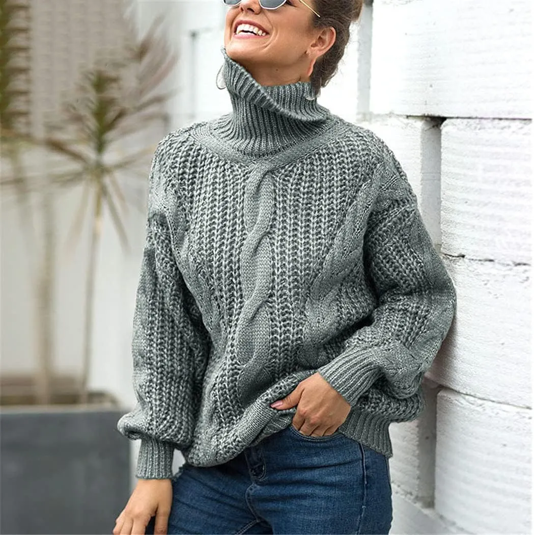 Autumn Winter Women Turtleneck Sweater, Loose Oversized Elegant Warm Knitted Pullovers, Solid Knitwear Jumper