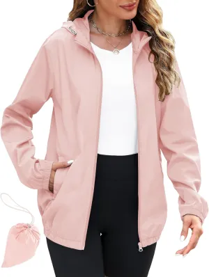 Avoogue Rain Jacket Women Lightweight Waterproof Raincoats Packable Travel Hiking Hooded Windbreaker with Pockets S-XXL