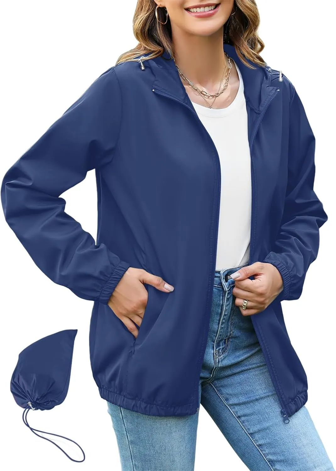 Avoogue Rain Jacket Women Lightweight Waterproof Raincoats Packable Travel Hiking Hooded Windbreaker with Pockets S-XXL