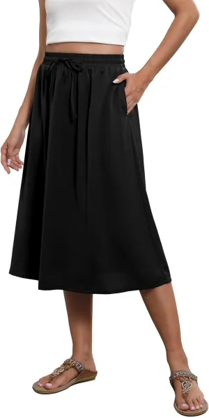 Beach Skirts for Women Drawstring Elastic Waist Summer Midi Skirt A Line Smocked Skirts Knee Length with Pockets