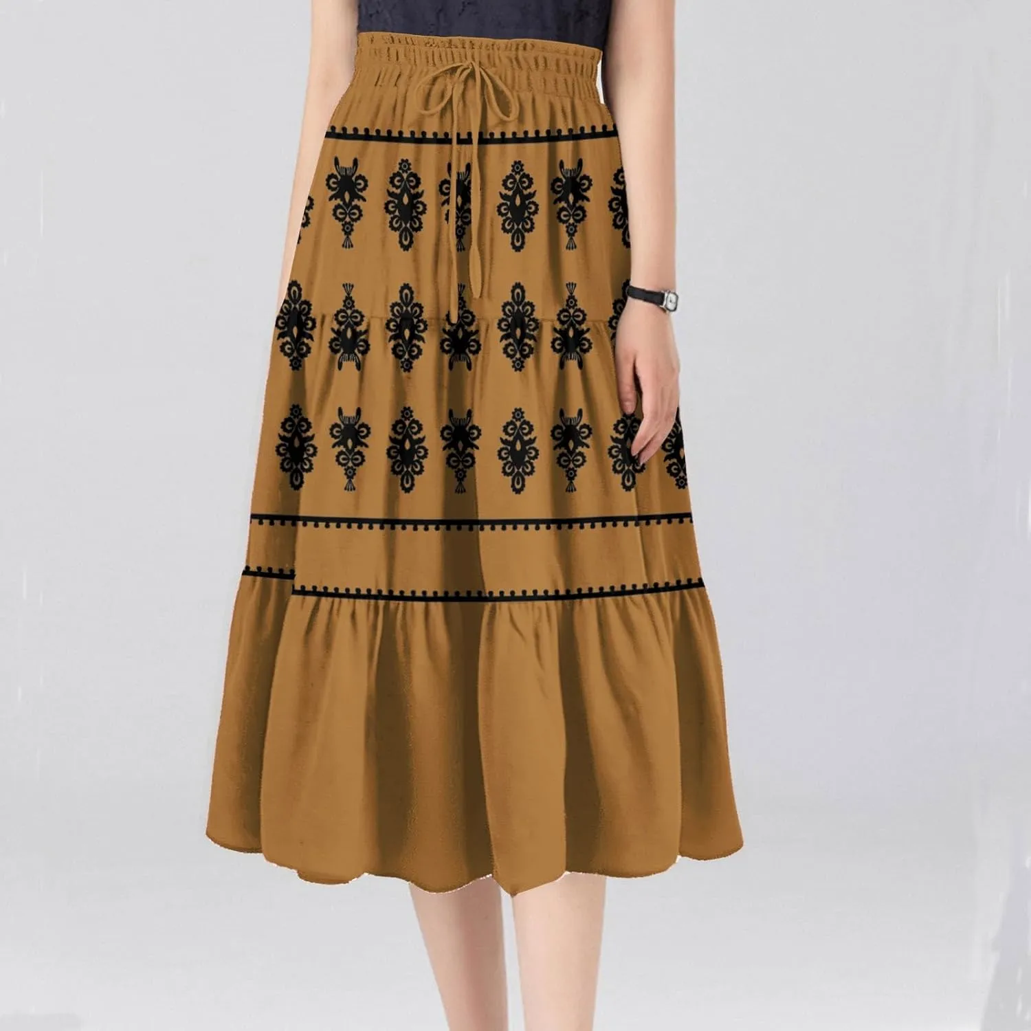 Beach Vacation Clothes for Women Loose Casual Trendy Vintage Printed Elastic Waist Maxi Boho Skirts, S-XL