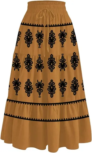 Beach Vacation Clothes for Women Loose Casual Trendy Vintage Printed Elastic Waist Maxi Boho Skirts, S-XL