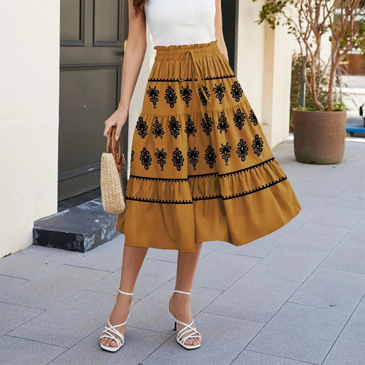 Beach Vacation Clothes for Women Loose Casual Trendy Vintage Printed Elastic Waist Maxi Boho Skirts, S-XL