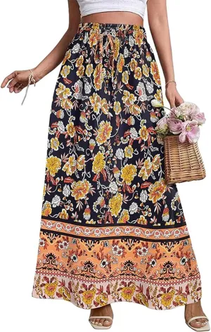 Beach Women's Skirts, Casual Vacation Boho Flowy Maxi Summer Womens Skirts