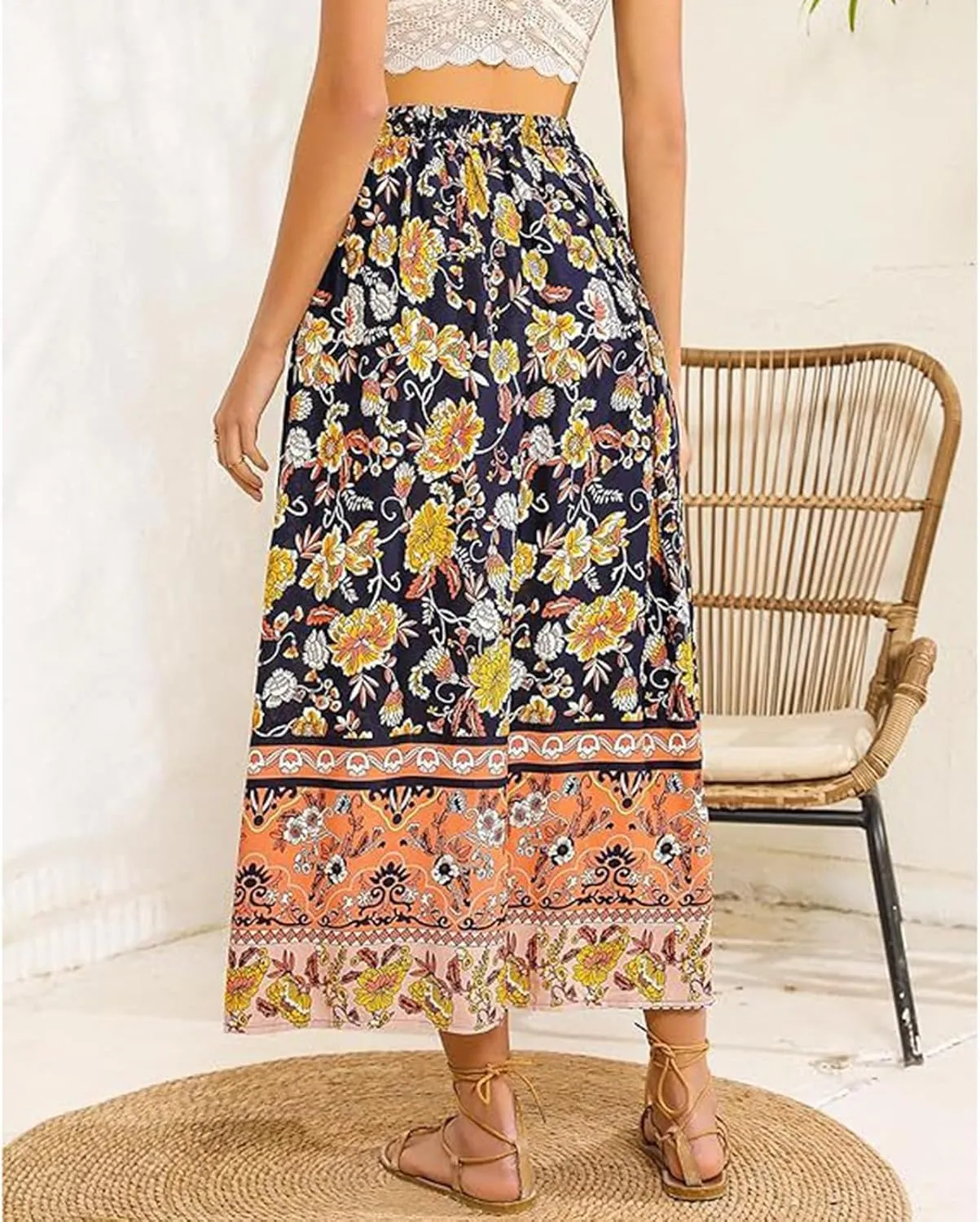 Beach Women's Skirts, Casual Vacation Boho Flowy Maxi Summer Womens Skirts