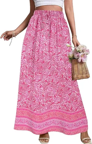 Beach Women's Skirts, Casual Vacation Boho Flowy Maxi Summer Womens Skirts