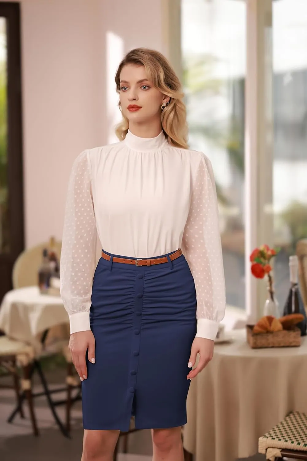Belle Poque Women's Stretchy Pencil Skirts for Women Womens High Waist Midi Skirt Bodycon Pencil Skirts Vintage with Belt