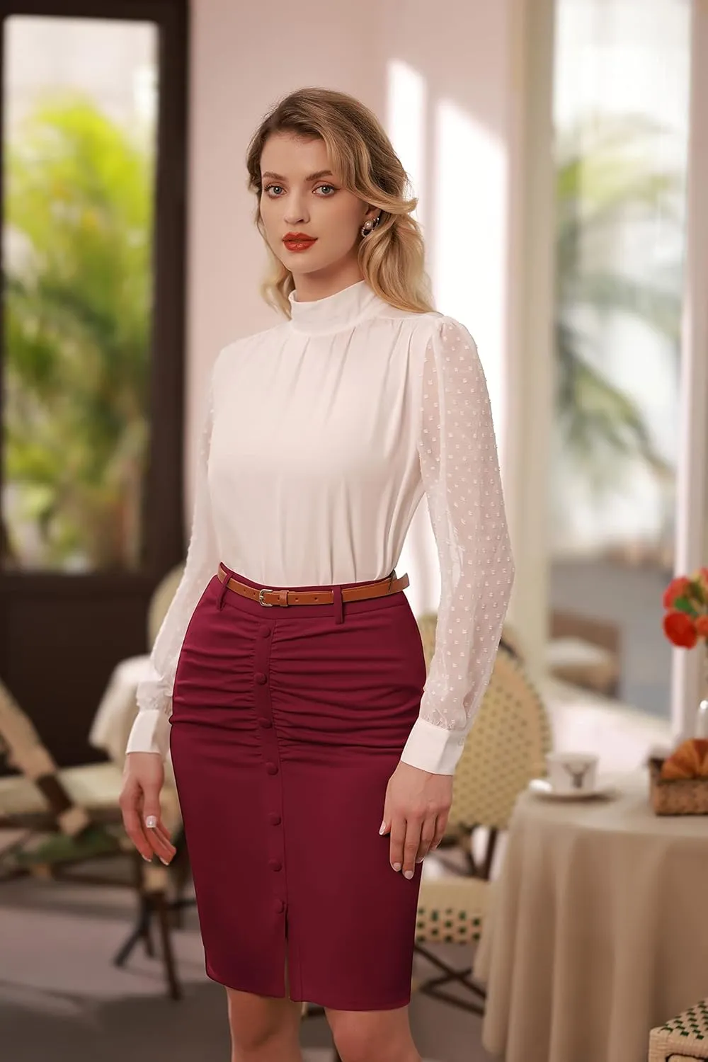 Belle Poque Women's Stretchy Pencil Skirts for Women Womens High Waist Midi Skirt Bodycon Pencil Skirts Vintage with Belt