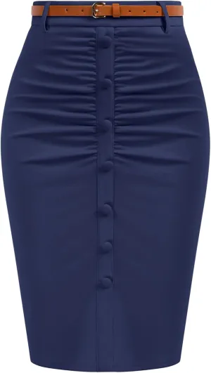 Belle Poque Women's Stretchy Pencil Skirts for Women Womens High Waist Midi Skirt Bodycon Pencil Skirts Vintage with Belt