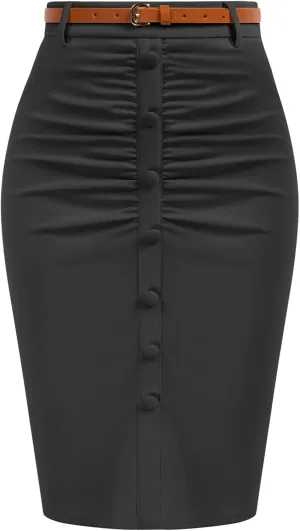 Belle Poque Women's Stretchy Pencil Skirts for Women Womens High Waist Midi Skirt Bodycon Pencil Skirts Vintage with Belt