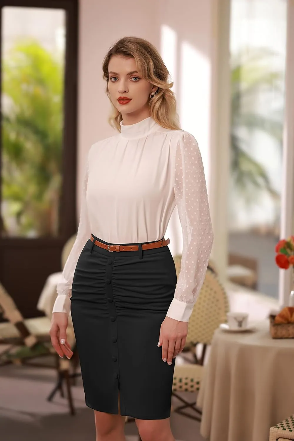 Belle Poque Women's Stretchy Pencil Skirts for Women Womens High Waist Midi Skirt Bodycon Pencil Skirts Vintage with Belt