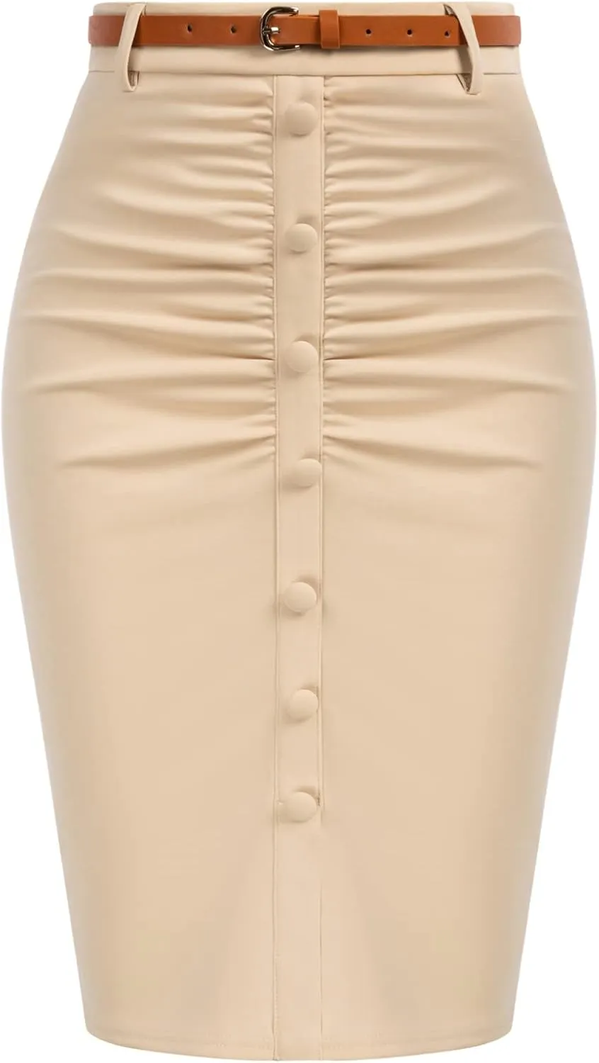 Belle Poque Women's Stretchy Pencil Skirts for Women Womens High Waist Midi Skirt Bodycon Pencil Skirts Vintage with Belt