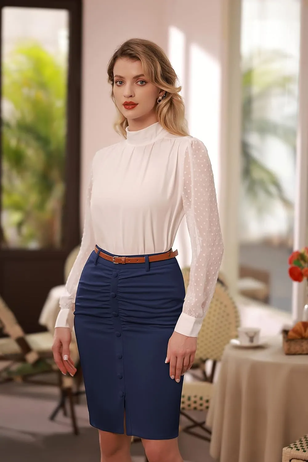 Belle Poque Women's Stretchy Pencil Skirts for Women Womens High Waist Midi Skirt Bodycon Pencil Skirts Vintage with Belt